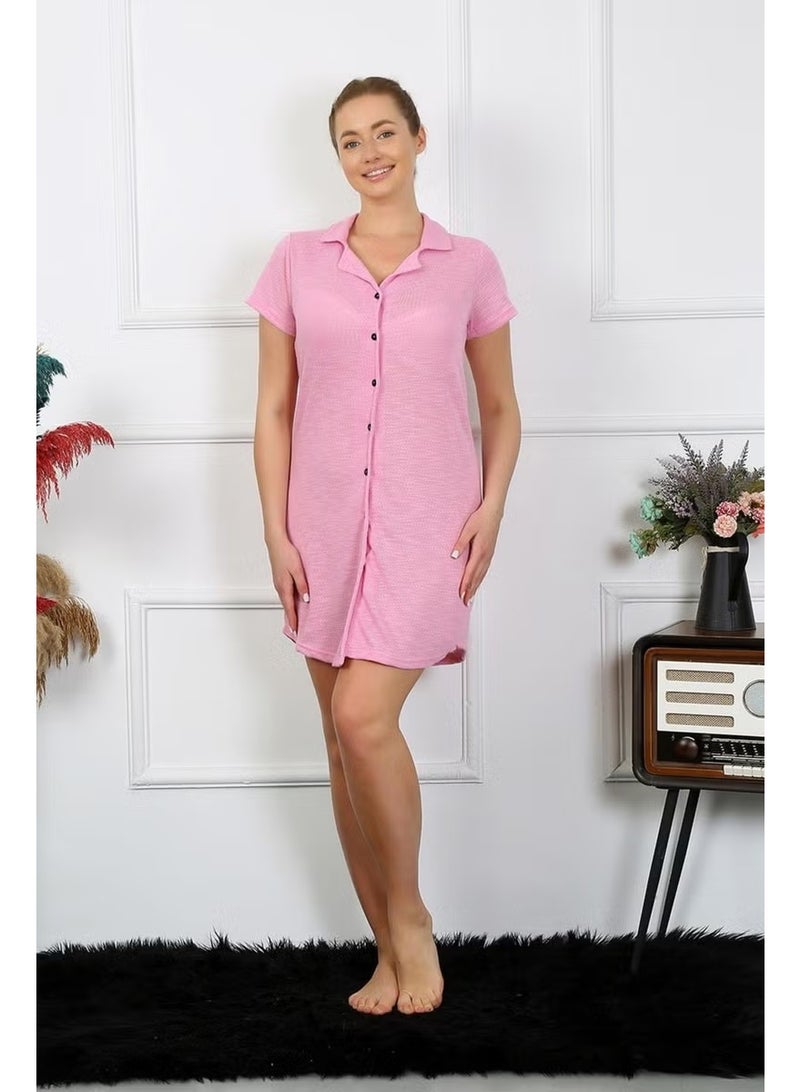 Akbeniz Women's Cotton Woven Short Sleeve Buttoned Pink Tunic Nightgown 13110 - Image 1
